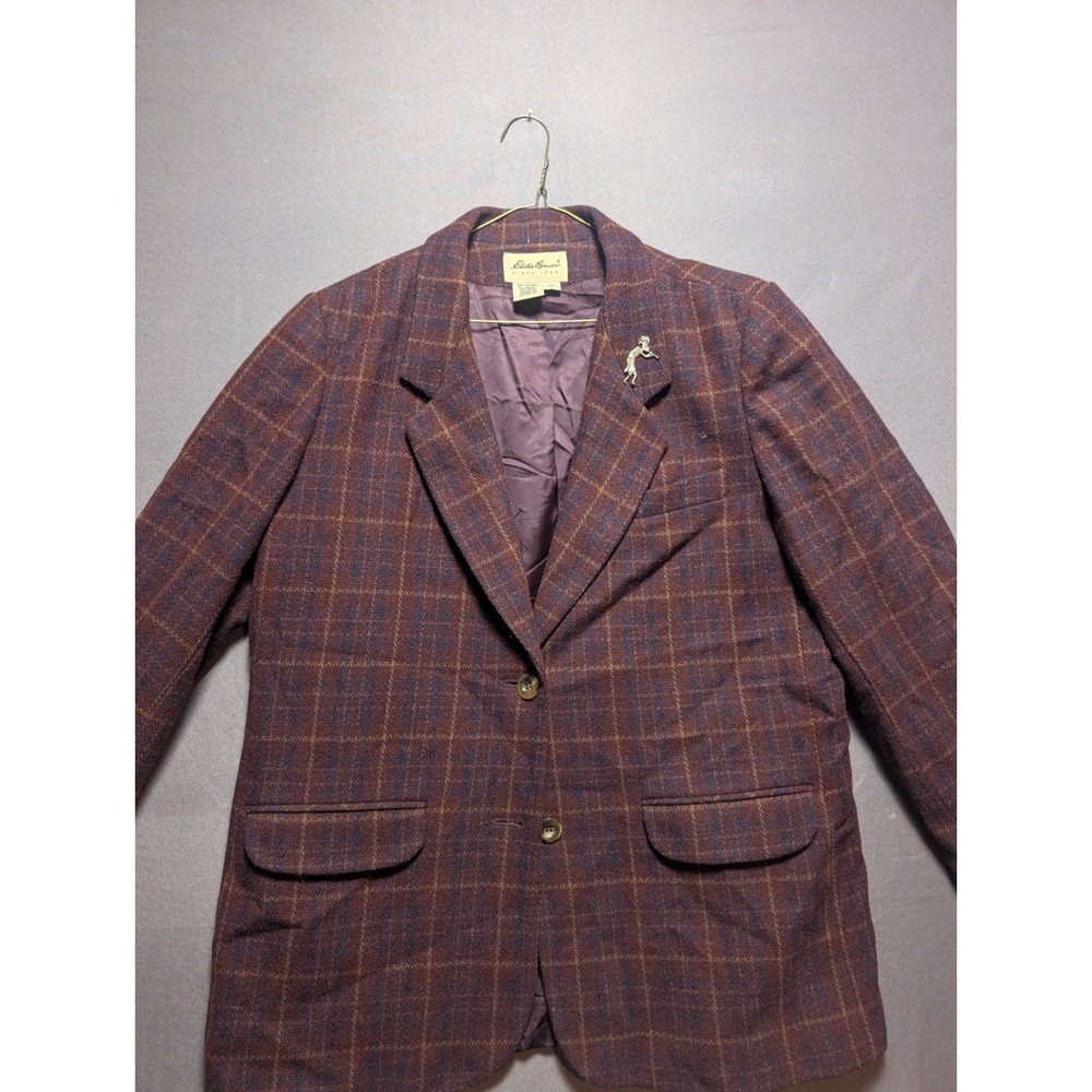 Vintage Eddie Bauer Blazer Jacket Womens L Multicolor Plaid Wool Kokopelli Pin